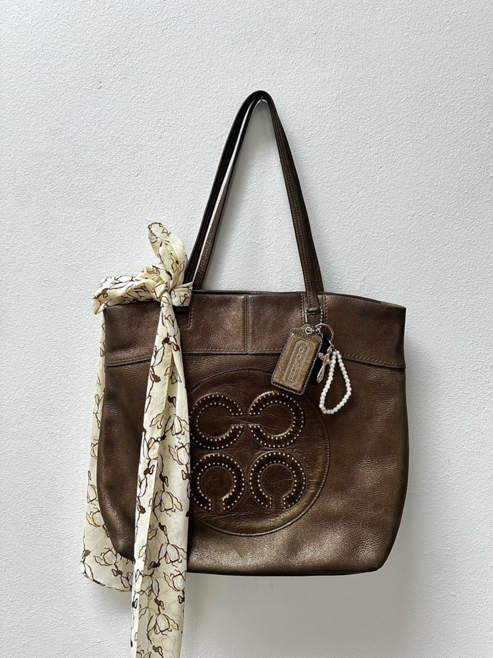 Vintage Coach Leather Tote Bag — Bronze Metallic Signature Logo Y2K Shoulder Bag
